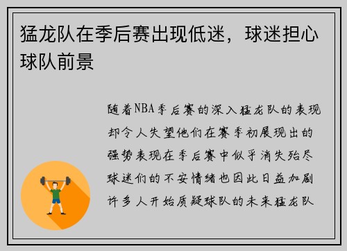 猛龙队在季后赛出现低迷，球迷担心球队前景