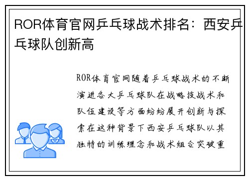 ROR体育官网乒乓球战术排名：西安乒乓球队创新高
